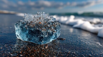 Azure Ice Crystal on a Volcanic Beach Shore