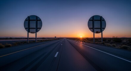 Dramatic Sunset Glow Reveals Open Road Ahead Between Directional Road Signs