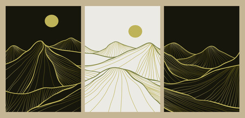 Collection of Minimalist Mountain line art texture. Abstract mountain landscapes backgrounds. mountain, hills and desert. use for wall art prints, poster Art Decoration, banner