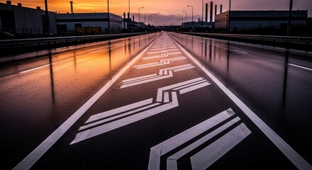 Dramatic Sunset Glow Reflected On Wet Road Lines Leading To Industrial Buildings