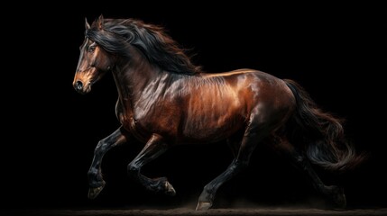 hyperrealistic beautiful dark brown horse in motion cinametic, epicly against deep black background