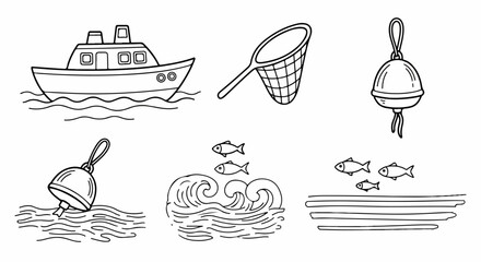 Nautical and fishing equipment, water, and aquatic life illustrated collection