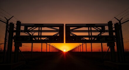 Dramatic Sunset Glow Through Open Gate And Fence Silhouette At Horizon
