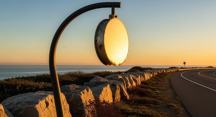 Dramatic Sunset Glow Through Round Mirror Beside a Coastal Road Landscape Scene