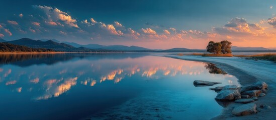 Tranquil lake scene clouds reflected in water under a colorful sky