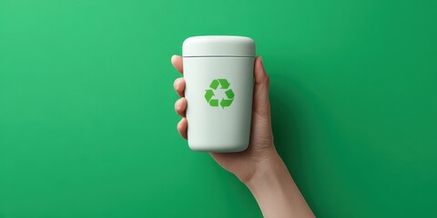 Hand holding reusable coffee cup with recycle symbol on green background, promoting sustainability