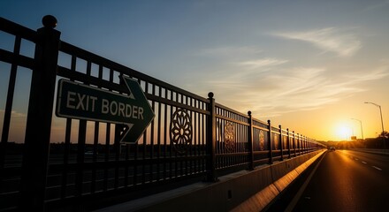 Dramatic Sunset Illuminated Roadside Border Sign: A Symbolic Departure Journey