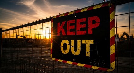 Dramatic Sunset Lighting A Keep Out Sign At A Construction Site With Yellow And Red Borders