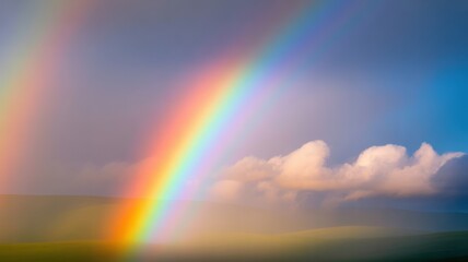 A vibrant rainbow arches across a cloudy sky after a refreshing rain shower