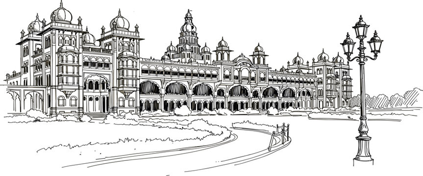 Magnificent Mysore Palace Black and White Illustration