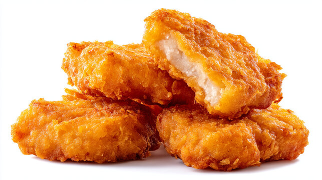 A stack of crispy golden brown chicken nuggets on a white background with one nugget cut open