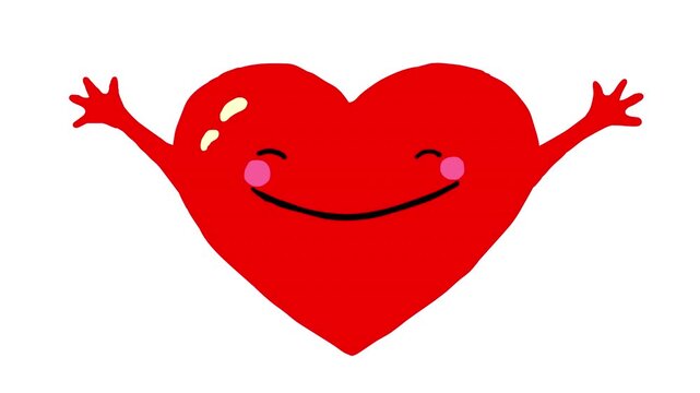 Red hugging cartoon heart. Smiling heart character with eyes. Hand drawn animation frame by frame flat doodle style. Animated cute funny happy sticker Valentine&rsquo;s day love motion emoji. Alpha channel