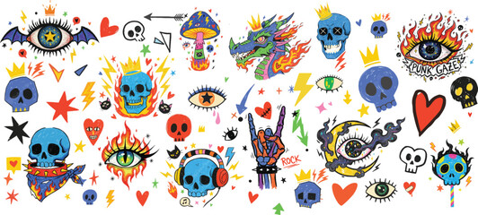 Punk Cartoon Doodle Sticker Collection – Hand-Drawn Colorful Vector Tattoos, Funky Black Cats, Rock’n’Roll Skulls, Mystical Eyes