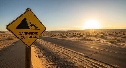 Dramatic Sunset Over Desert Road, Warning Sign Sand Ridge Collapse, Dangerous Travel