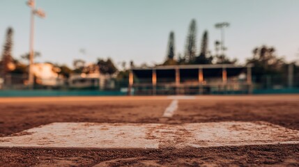 Baseball field, home plate with white lines and stadium under sunset sky, low angle view, copy space.