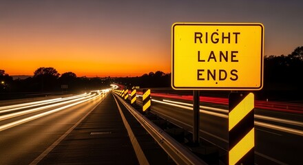 Dramatic Sunset Over Highway With The Right Lane Ends Sign And Speeding Cars