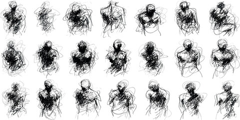 Abstract sketches of human figures in various dynamic poses capturing movement and emotion through expressive lines and shading