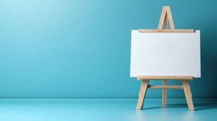 Blank canvas on a wooden easel against a blue background ready for painting and creativity