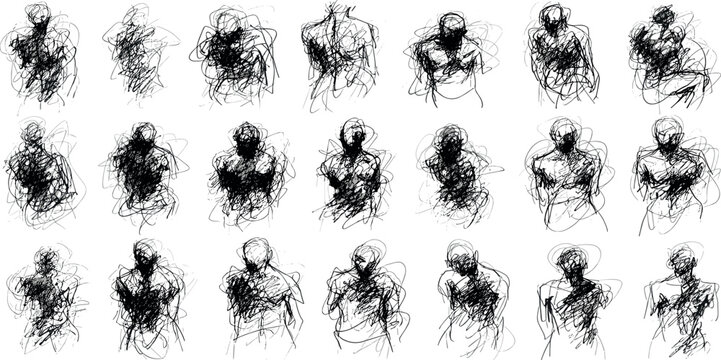 Abstract sketches of human figures in various dynamic poses capturing movement and emotion through expressive lines and shading
