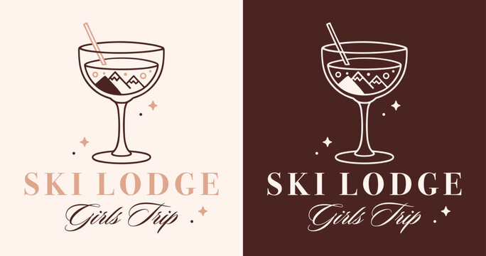 Ski lodge girls trip cocktail party mountain cabin holiday winter chalet skiing besties night shirt design. Alpine theme luxury fancy cozy chic vintage brown aesthetic glass drawing poster print sign.