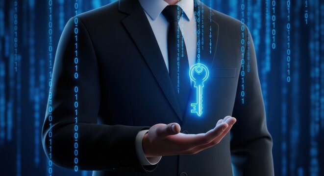 Digital security concept with a businessman holding a glowing key in a futuristic binary code environment protecting data - Powered by Adobe