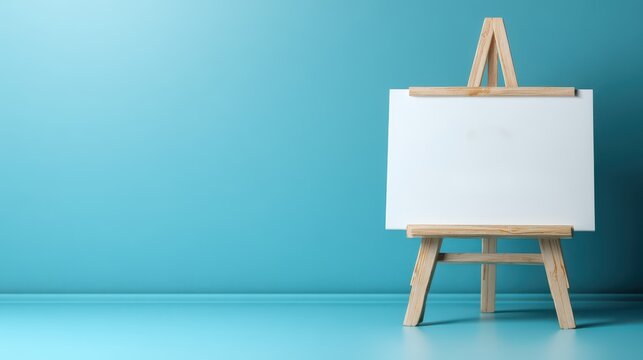 Blank canvas on a wooden easel against a blue background ready for painting and creativity