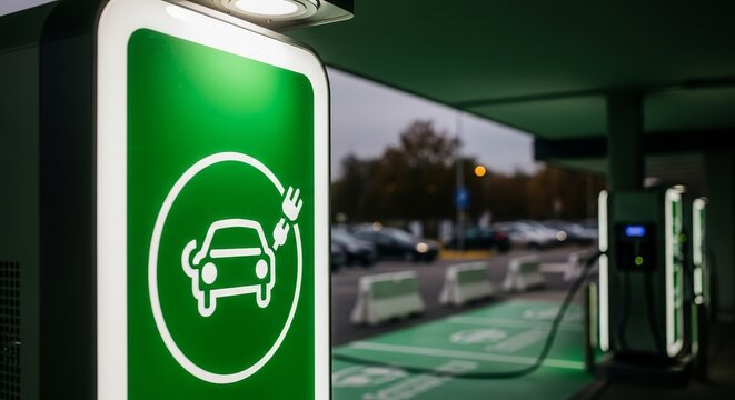 Electric Vehicle Charging Station Illuminated Against Evening Sky For Eco-Friendly Transportation - Powered by Adobe