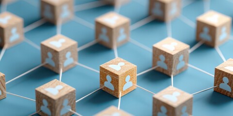 Wooden blocks with people icons connected by lines, representing social network and communication