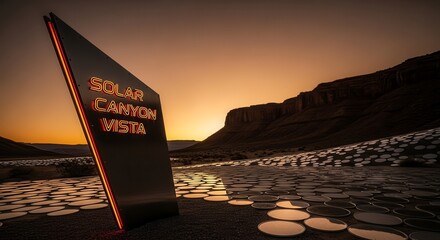 Dramatic Sunset Over Solar Canyon Vista Sign In A Desert Landscape For Tourism Purposes