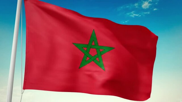 Morocco flag video waving in wind. Realistic flag background, fabric textured, perfect loop, official colors,
