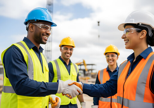 Construction Workers Shaking Hands at Industrial Building Site - Powered by Adobe