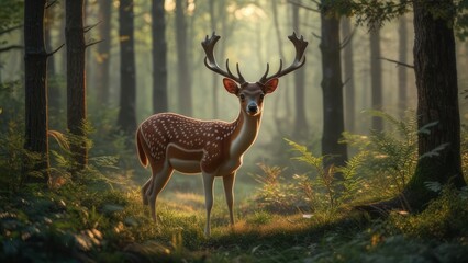 Deer standing in sunlit forest
