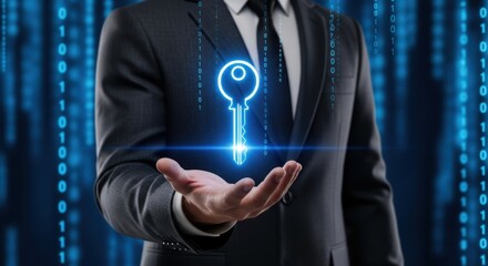 Businessman presents glowing key symbolizing digital security and data protection amidst flowing binary code concept