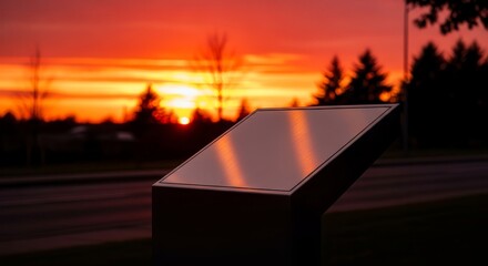 Dramatic Sunset Reflections on Modern Signage Against a Colorful Sky Backdrop