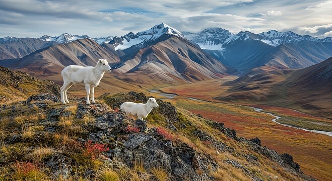 Dall sheep stand on a rugged autumn ridge, overlooking a vast mountain valley. Vibrant fall colors, snow-capped peaks, and dramatic skies define this serene wilderness landscape