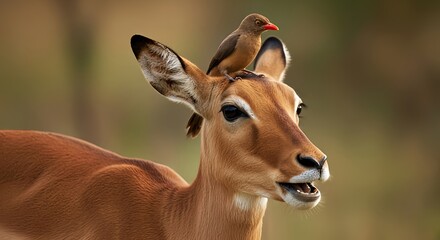 Fototapeta premium A striking close-up captures an alert impala with a vibrant red-billed bird perched gently on its head, illustrating a unique wildlife partnership in the serene natural habitat