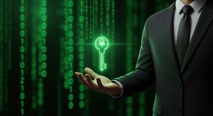 Man presents a digital key amidst a matrix of binary code symbolizing cybersecurity and data protection
