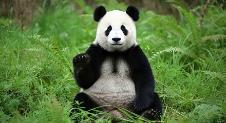 Close-up portrait of a majestic giant panda sitting peacefully in a vibrant green forest, looking directly at the viewer with an endearing expression, paw slightly raised in a friendly gesture