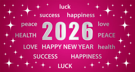 Happy New Year 2026. Greeting card with best wishes. Pink and silver vector hand drawn illustration banner.