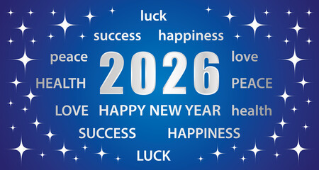 Happy New Year 2026. Greeting card with best wishes. Blue and silver hand drawn illustration banner.