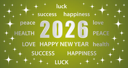 Happy New Year 2026. Greeting card with best wishes. Green and silver hand drawn illustration banner.