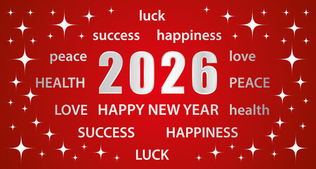 Happy New Year 2026. Greeting card with best wishes. Red and silver hand drawn illustration banner.