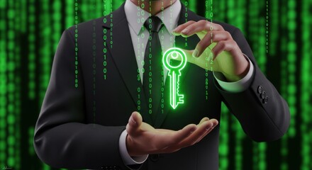 Hacker reveals the key to secret data in a stream of binary code presenting concept of cybersecurity and encryption on a digital background