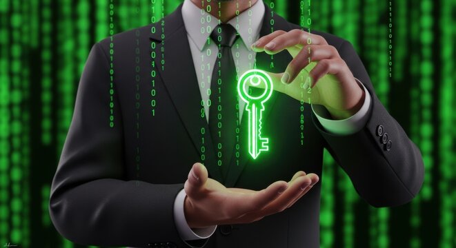 Hacker reveals the key to secret data in a stream of binary code presenting concept of cybersecurity and encryption on a digital background - Powered by Adobe