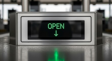 Electronic Signage Displaying The Word Open With Arrow, Modern Transportation Theme