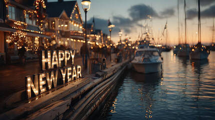 Happy new year sign on a dock with boats and buildings lit up at dusk in a festive atmosphere