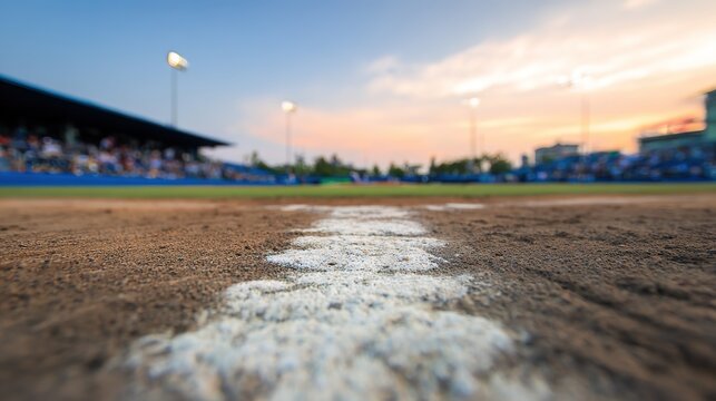 Baseball field baseline with chalk markings, at sunset in a stadium with audience and dramatic sky, low-angle view, copy space.