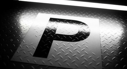 Dramatic View: A Metallic Parking Sign Illuminated on Textured Diamond Plate