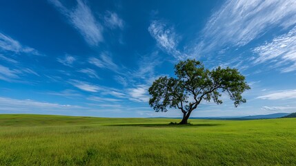 Solitary Tree in Vibrant Green Field under Clear Blue Sky, Realistic Serene Landscape