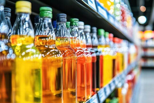 A vibrant display of colorful drinks in a store, with a variety of flavors and packaging.